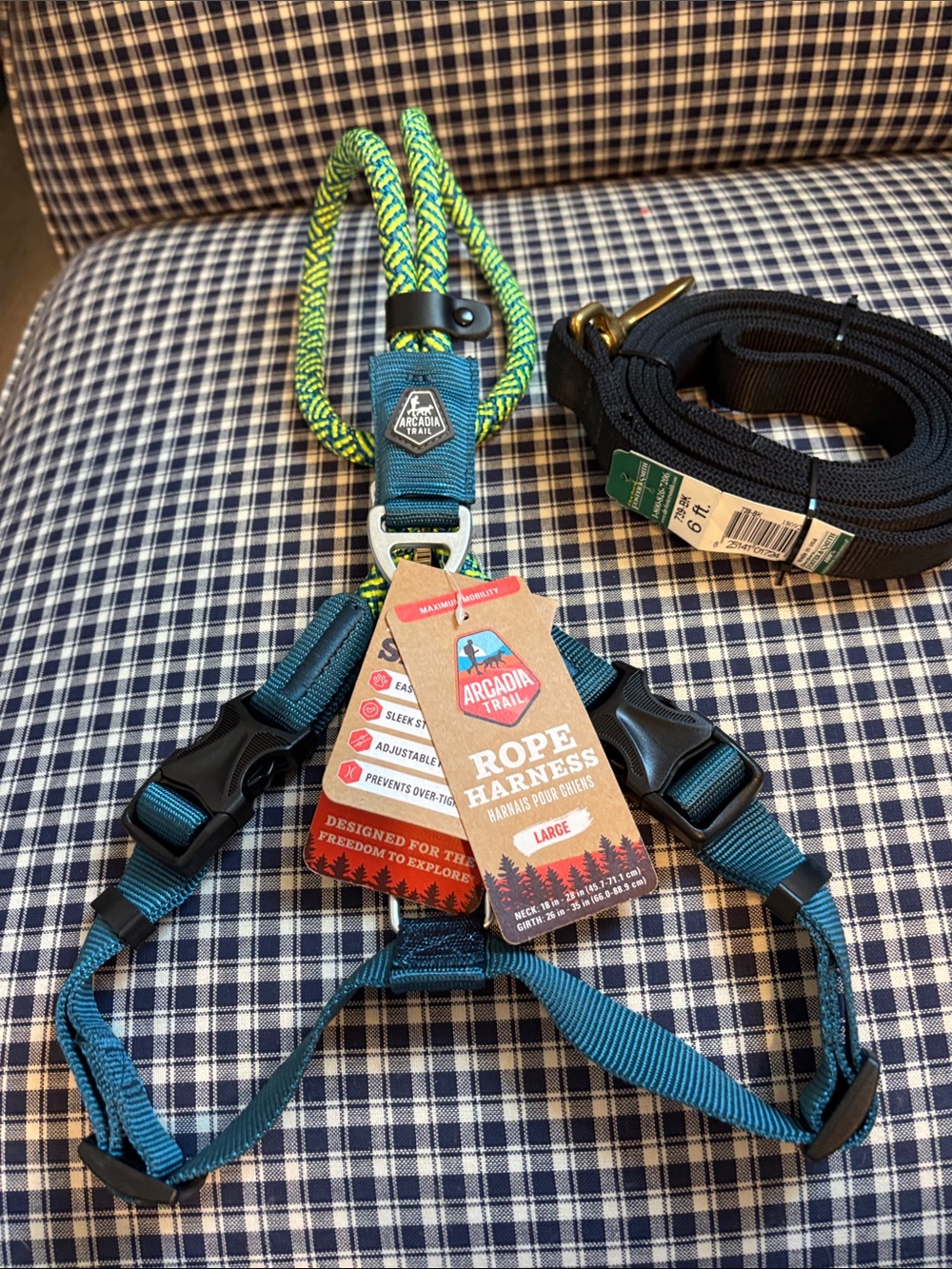 Arcadia Teal and Neon Green Rope Harness - Large and 6ft leash
